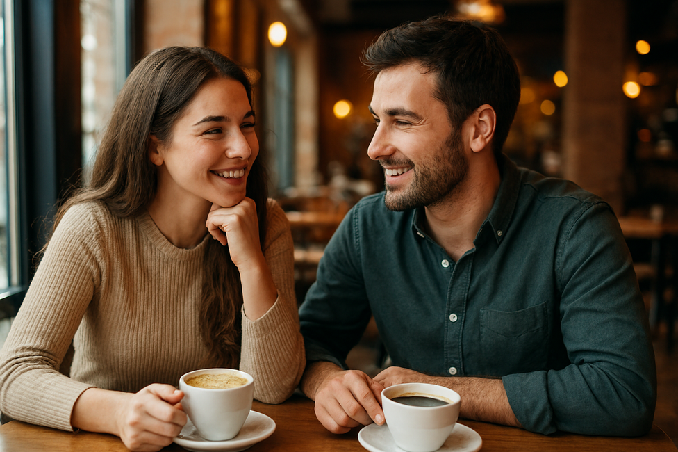 Two people sharing a conversation over coffee